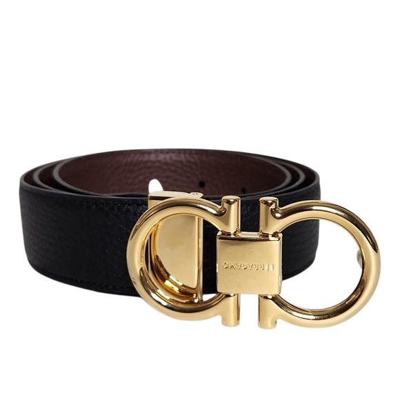 Ferragamo Double Gancini Reversible Leather Black Brown Belt w/ Gold Buckle NEW - Picture 2 of 11